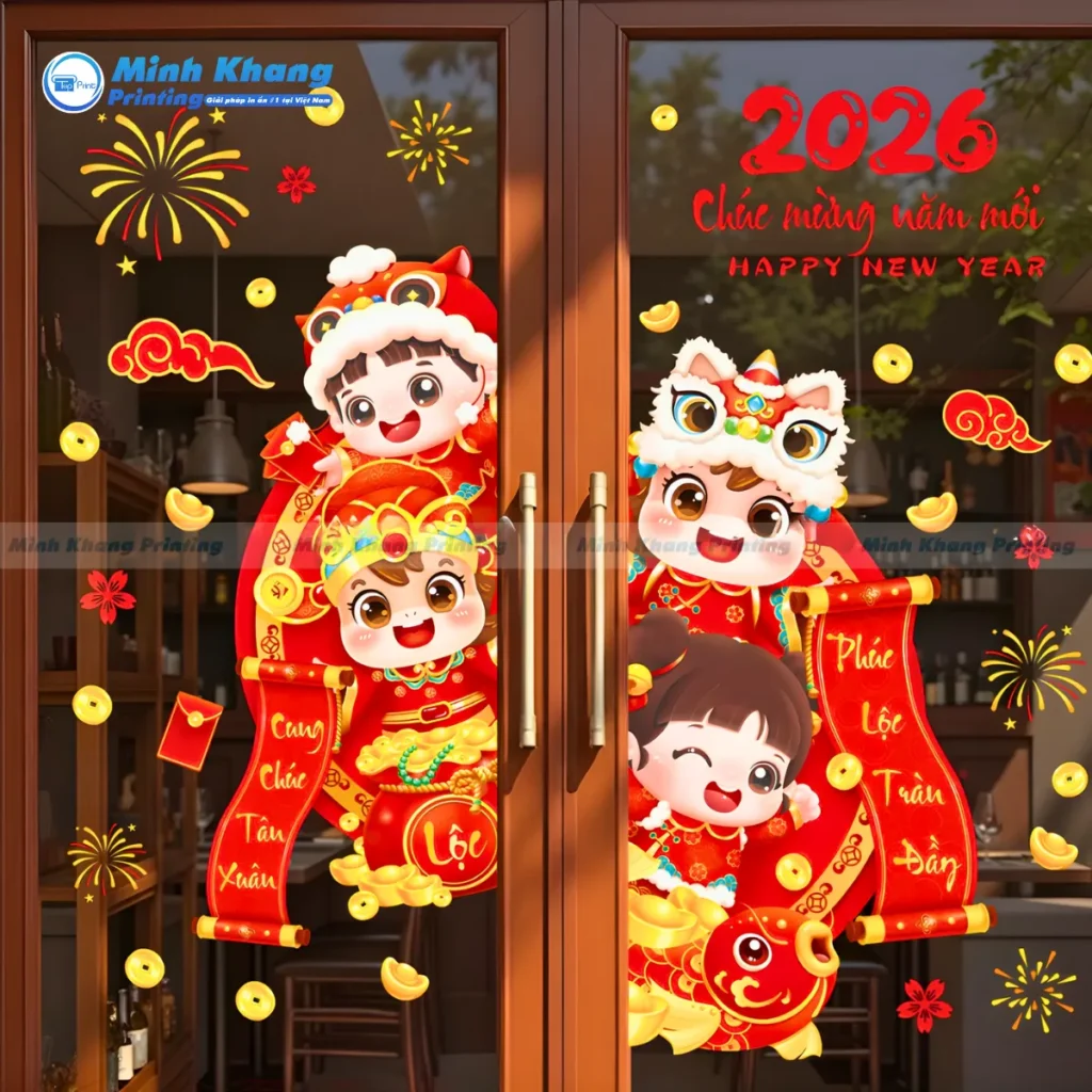 Mẫu decal chữ chúc mừng năm mới 2026 dán kính, kèm hình múa lân vui tưới