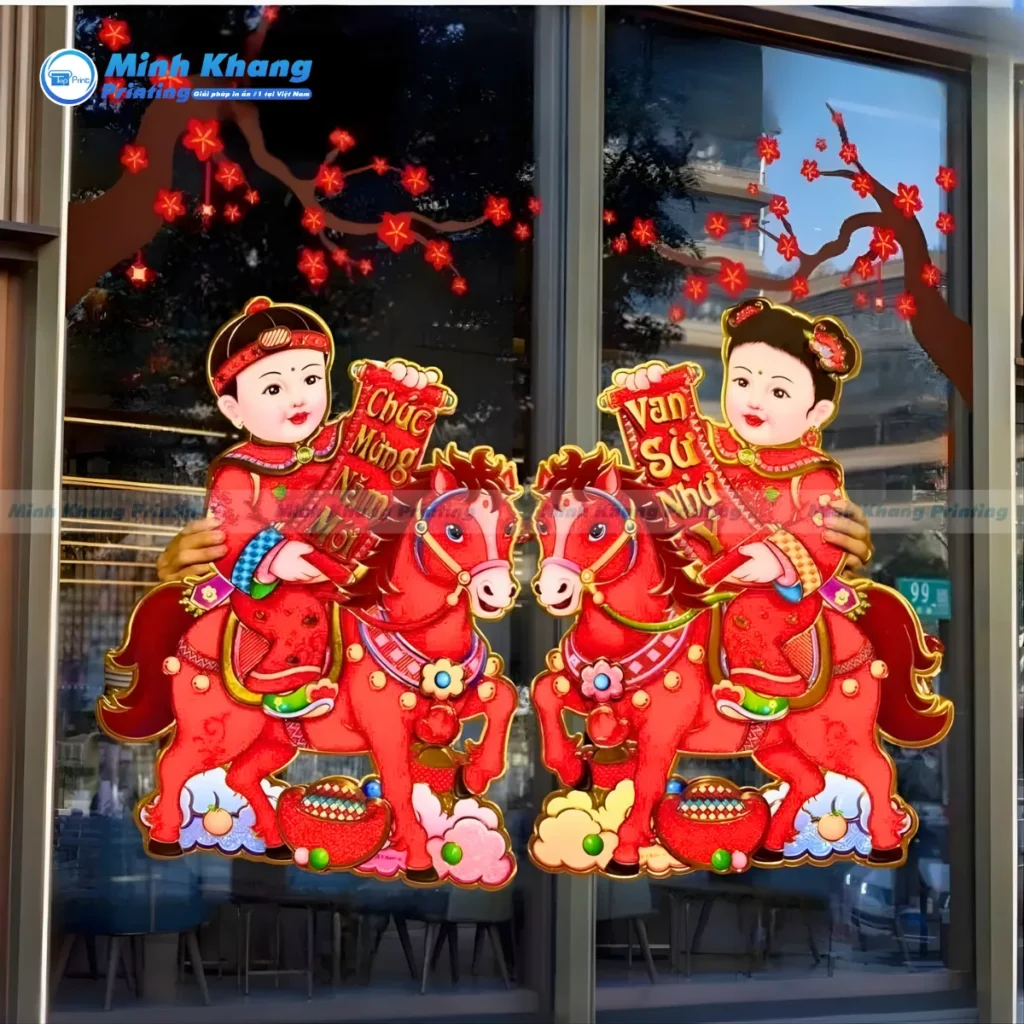 Mẫu decal ddecal trang trí cửa kính tết bé chúc tết kích thước 15-20-25cm