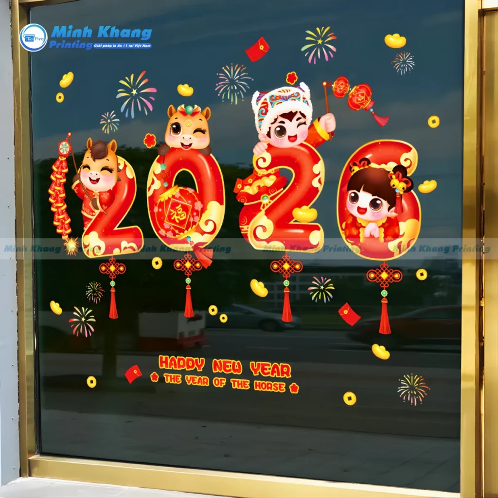 Mẫu decal tết dán kính tĩnh điện trang trí tết 2026 hình chú ngựa dễ thương