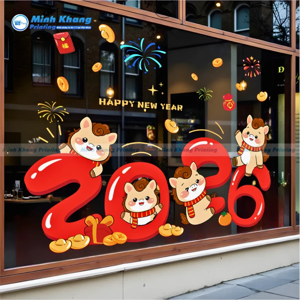 Mẫu decal tết đẹp hình chú ngựa, pháo hoa rực rỡ, mang đến không khí Tết 2026 tưng bừng