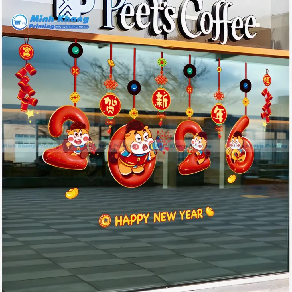 Mẫu decal trang trí cửa kính tết cho quán cafe, kết hợp họa tiết Tết với phong cách hiện đại.