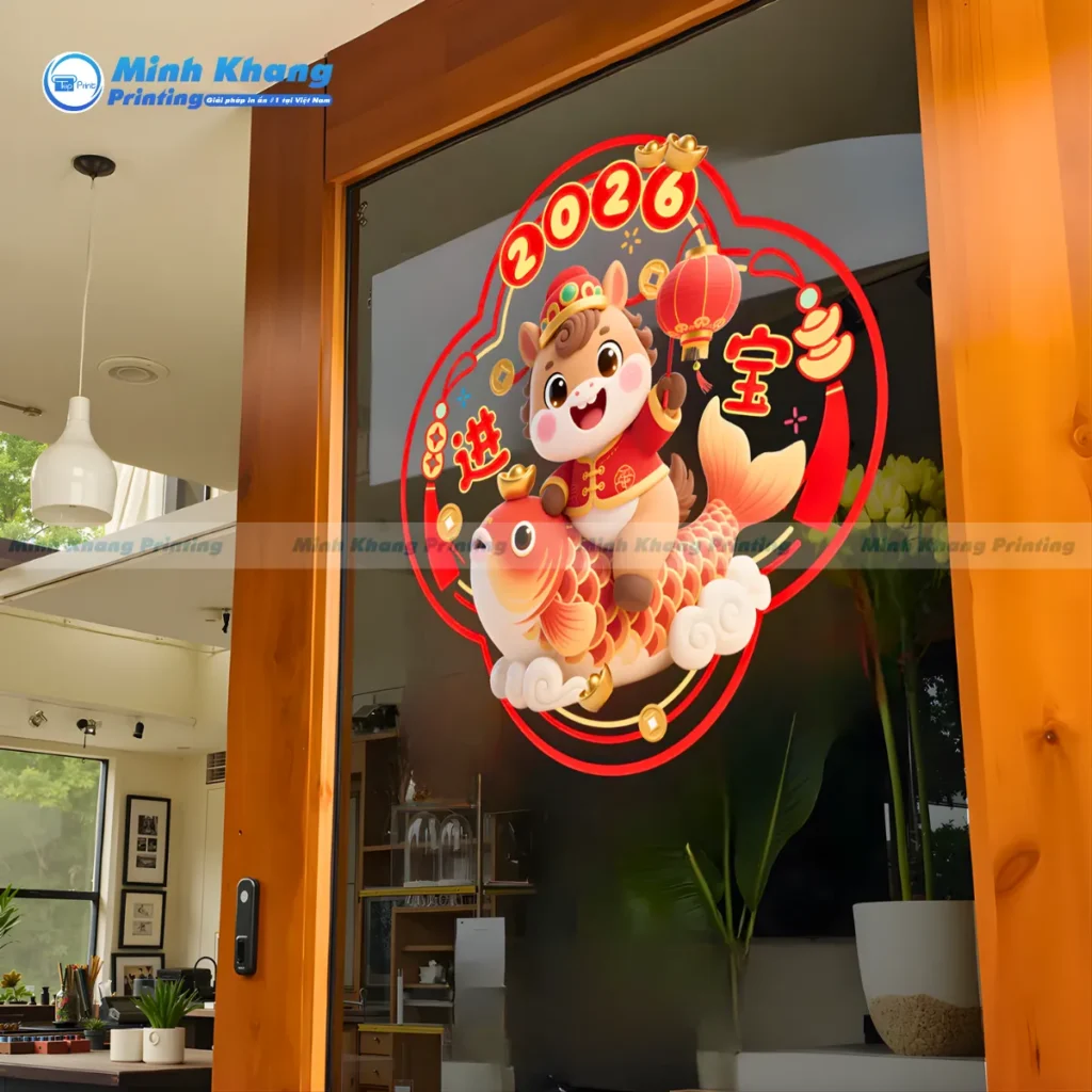 Mẫu decal tết dán kính chống nước, phù hợp trang trí cửa kính ra vào và ngoài trời