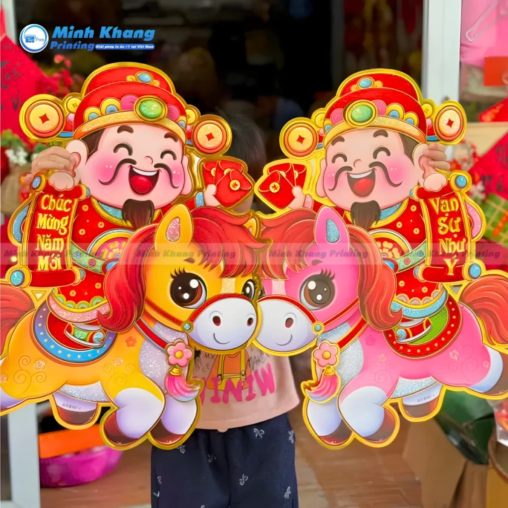 Mẫu decal tết dán kính thần tài cưỡi ngựa đón năm mới