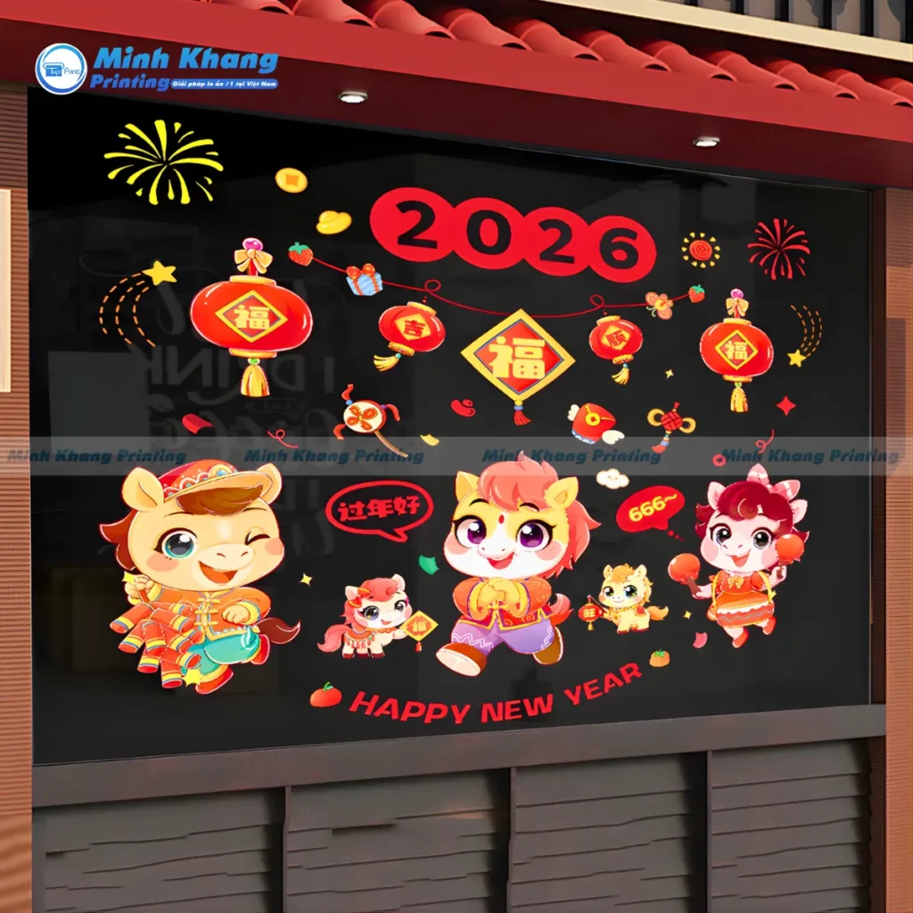 Mẫu decal tết đẹp màu đỏ gold, nâng tầm sự sang trọng và rực rỡ của decor Tết bính ngọ 2026