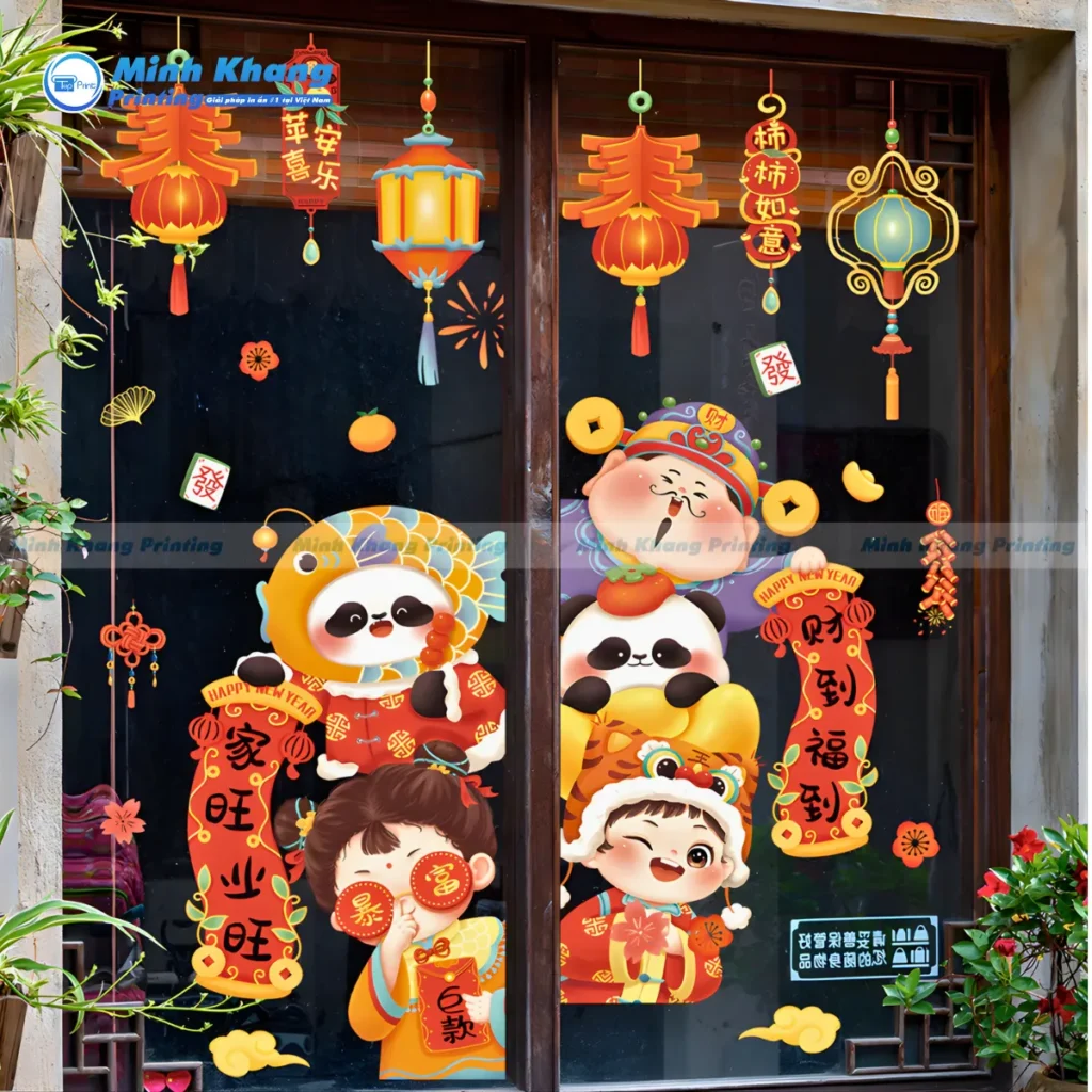 ẫu decal dán kính tết hình thần tài, cá chép, lồng đèn thu hút tiền bạc và tài lộc vào cửa hàng