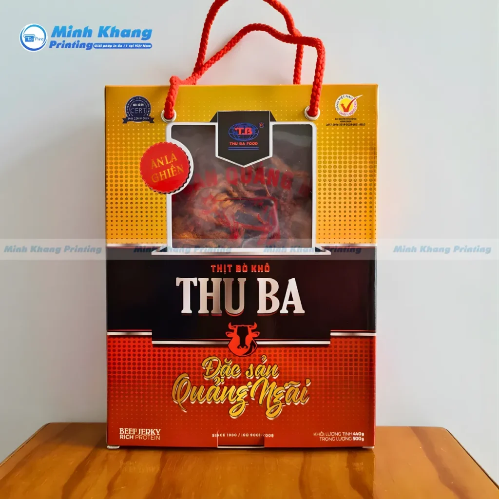 Mẫu hộp giấy đựng khô bò Thu Ba khối lượng 400 -500g dạng nắp gài