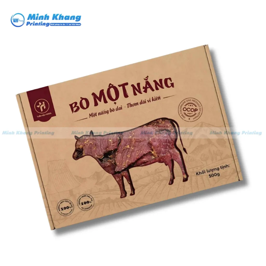 Mẫu hộp giấy kraft đựng khô bò một nắng với thiết kế tối giản, nổi bật xu hướng sống xanh