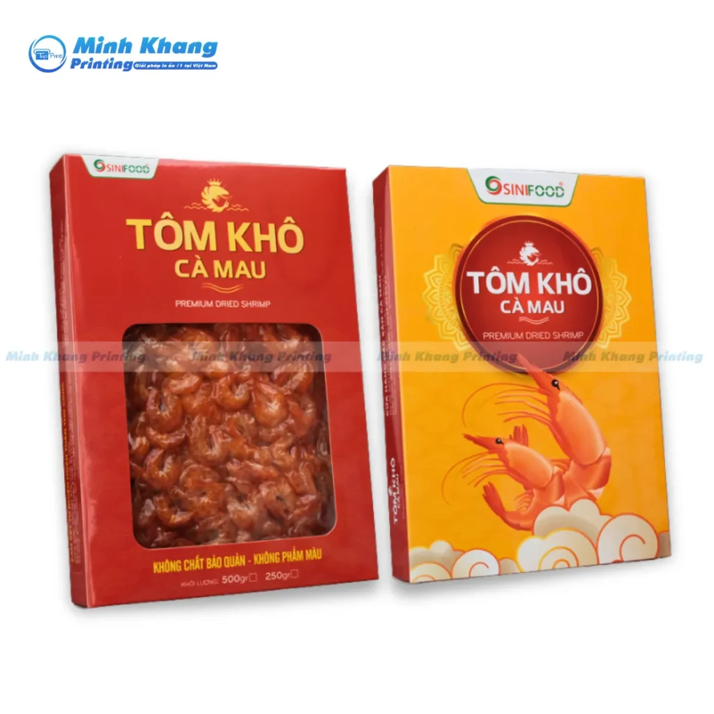 Mẫu hộp giấy Ivory cao cấp 100g, đảm bảo in bao bì tôm khô với màu sắc và logo