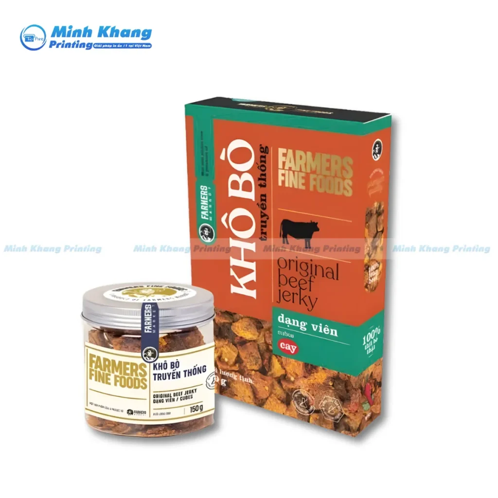 Mẫu hộp đựng kho bò cay dạng viện 150g đạt chuẩn quốc tế