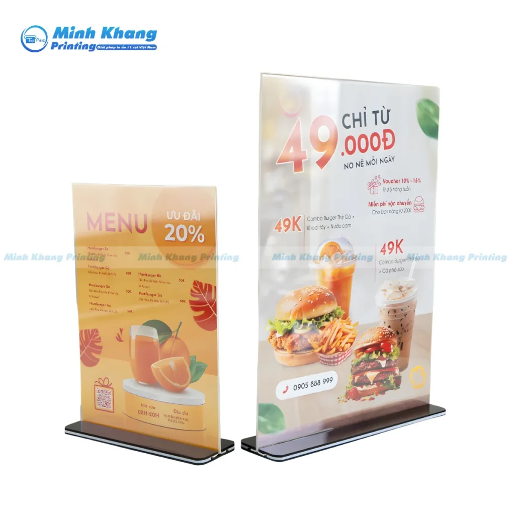 Mẫu menu mica a4 để bàn giới thiệu chương trình khuyến mãi