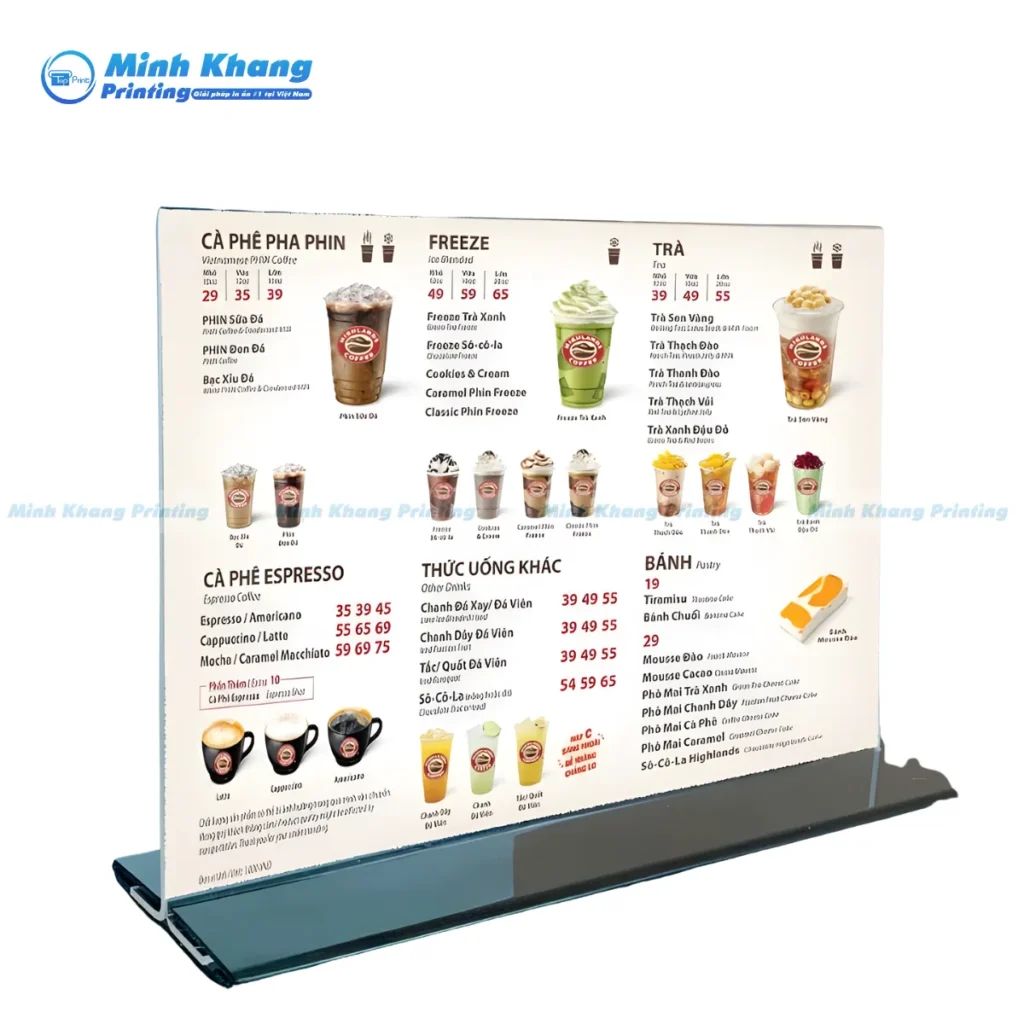 Mẫu menu quán cà phê để bàn in fornex dán decal có chân đế