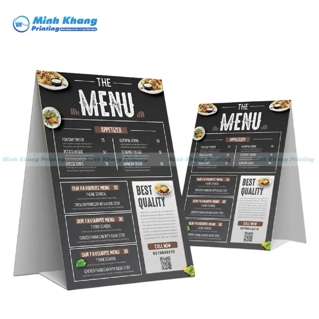 Mẫu menu bìa bồi cứng Formex dạng chữ A đứng để bàn