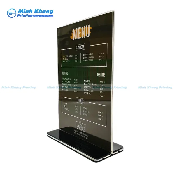 Mẫu menu đứng mica trong suốt, sang trọng là lựa chọn lý tưởng để trưng bày thực đơn tại quầy bar hay bàn tiếp khách.