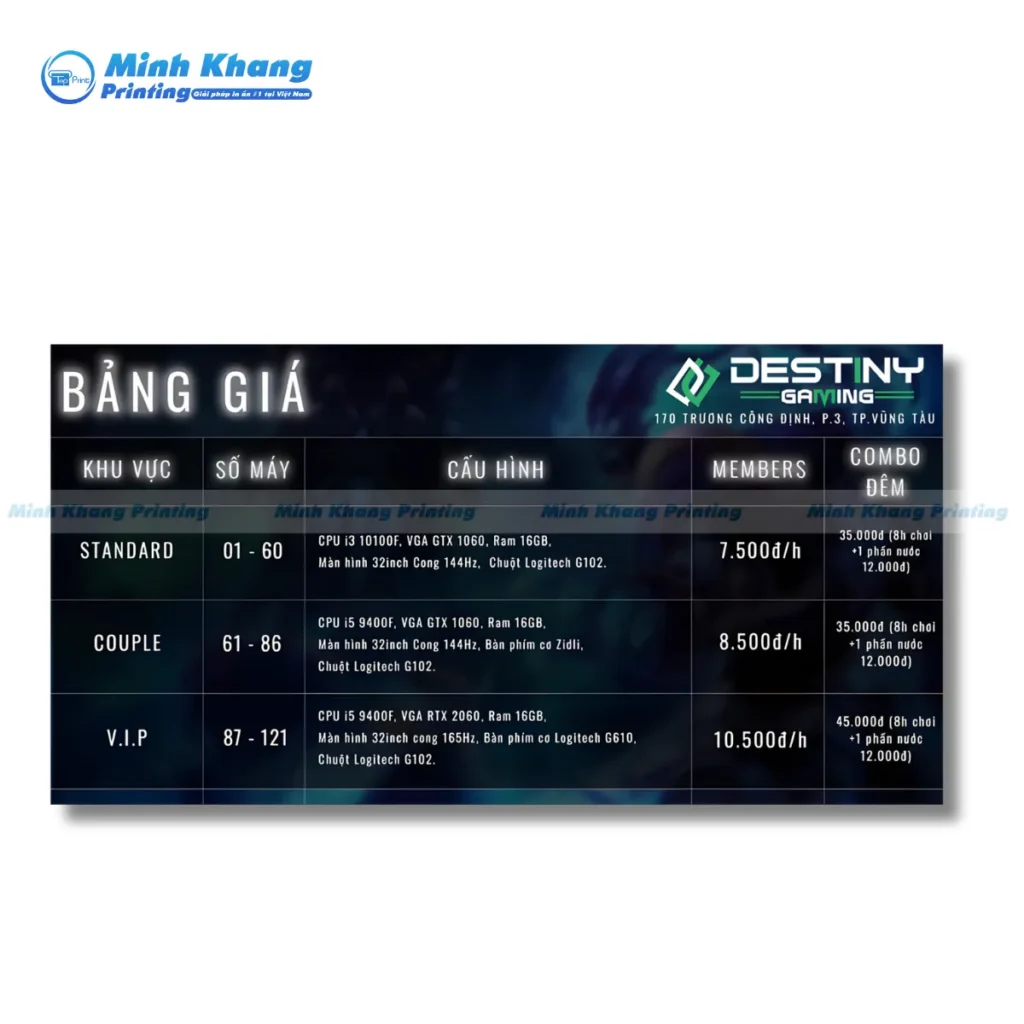 Mẫu menu quán nét bảng giá máy stander, couple, V.I.P & combo đêm 