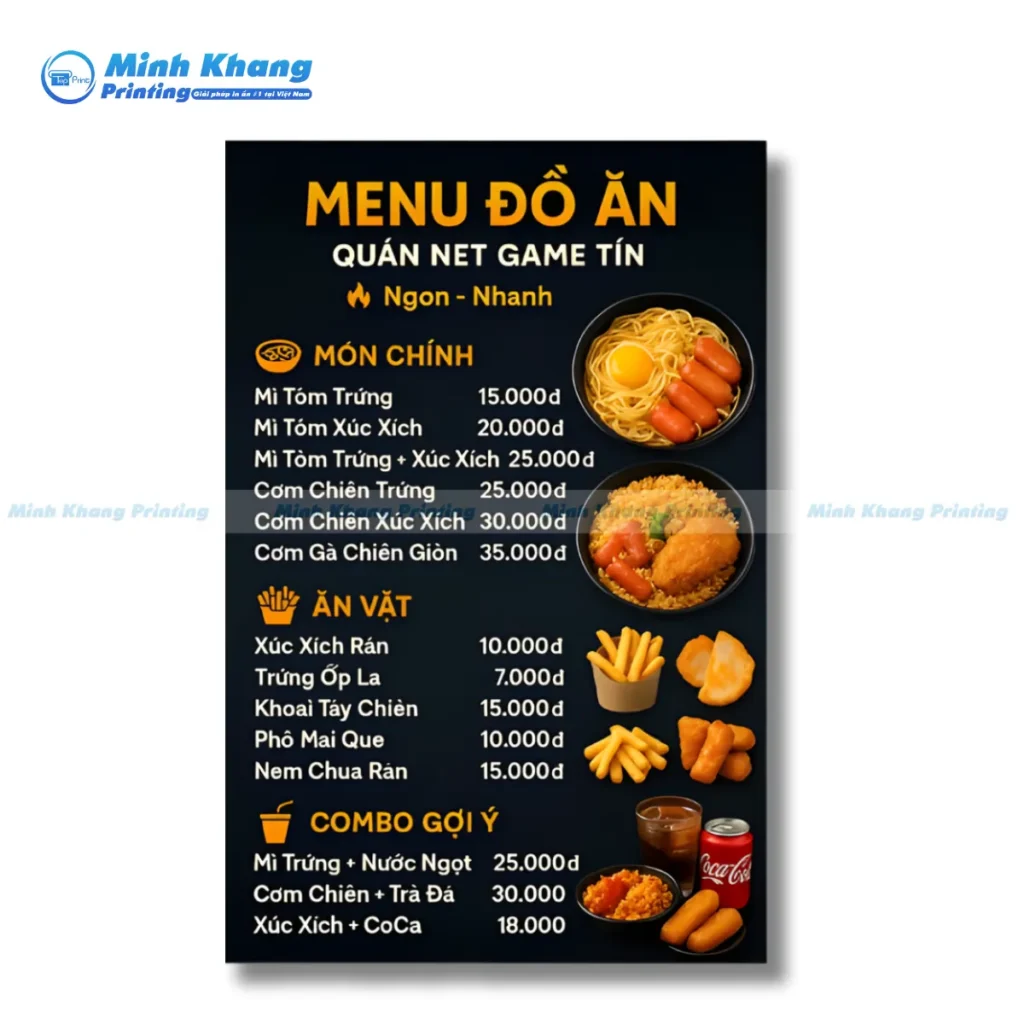 Mẫu menu phòng game bình dân Tín kích thước a4 tiện lợi, gọn nhẹ