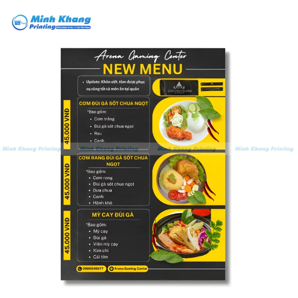Mẫu menu đồ ăn quán net tại Arena Gaming Center chất liệu in formex dán decal
