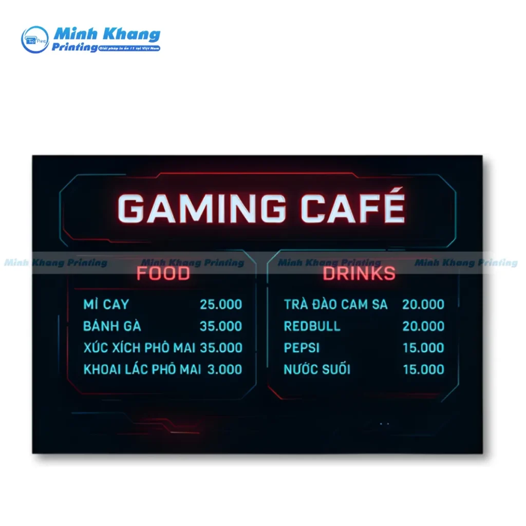 Mẫu menu gaming cafe có đồ ăn và thức uống dạng ngang, đơn giản