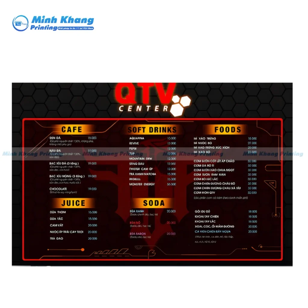 Mẫu menu nước quán net QTV Center thiết kế đỏ đen ấn tượng 