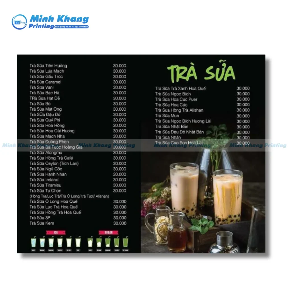 Mẫu menu quán trà đá cán mờ chống thấm in nhanh lấy liền