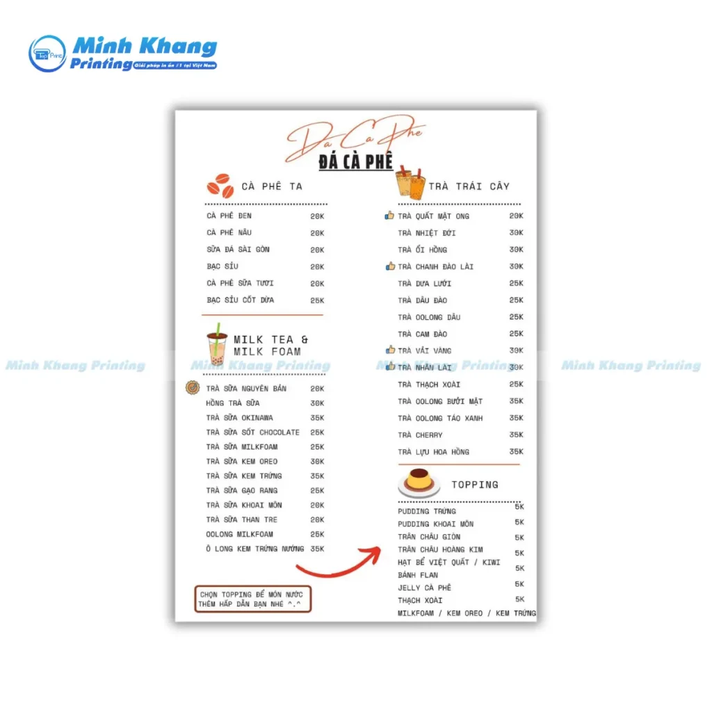 Mẫu thực đơn quán trà đá cà phê đơn giản hiện đại