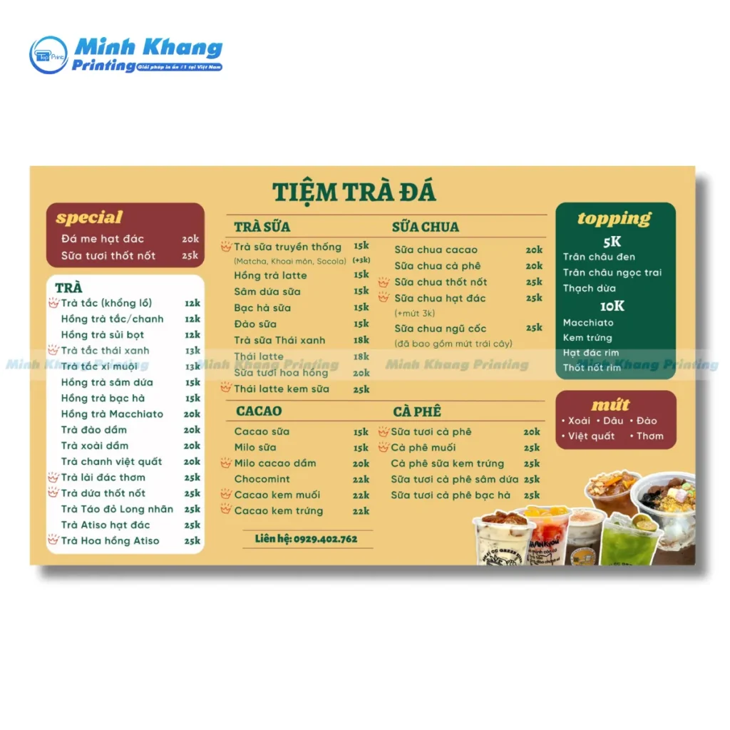 Mẫu menu tiệm trà đá kích thước a3 dạng ngang in kỹ thuật số giá rẻ