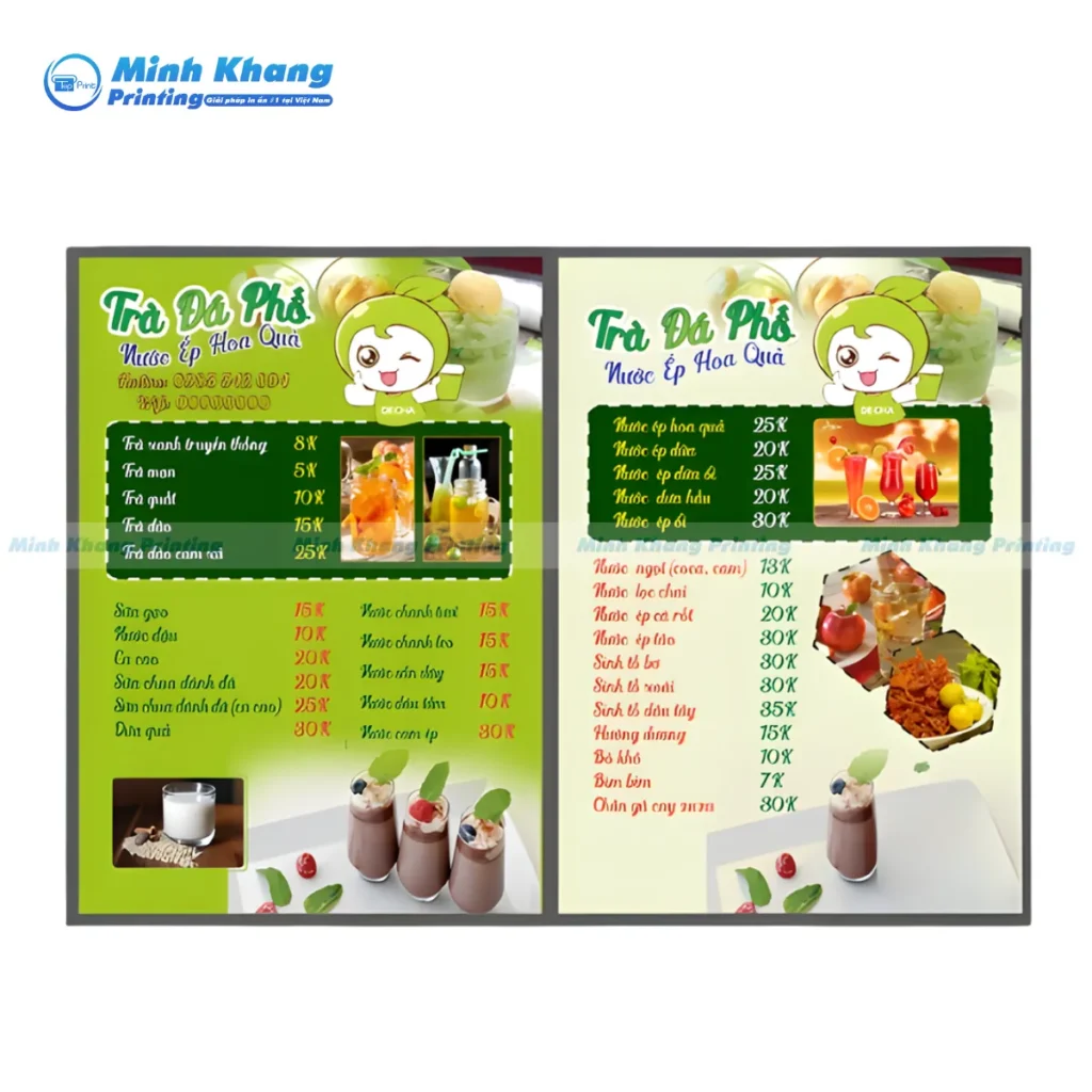 Mẫu menu trà đá phố nước ép hoa quả in formex dán decal 2 mặt