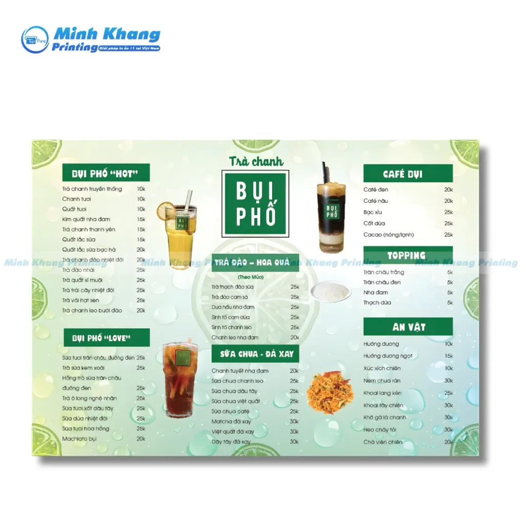 Mẫu menu quán trà đá vỉa hè đơn giản in formex dán decl cứng cáp