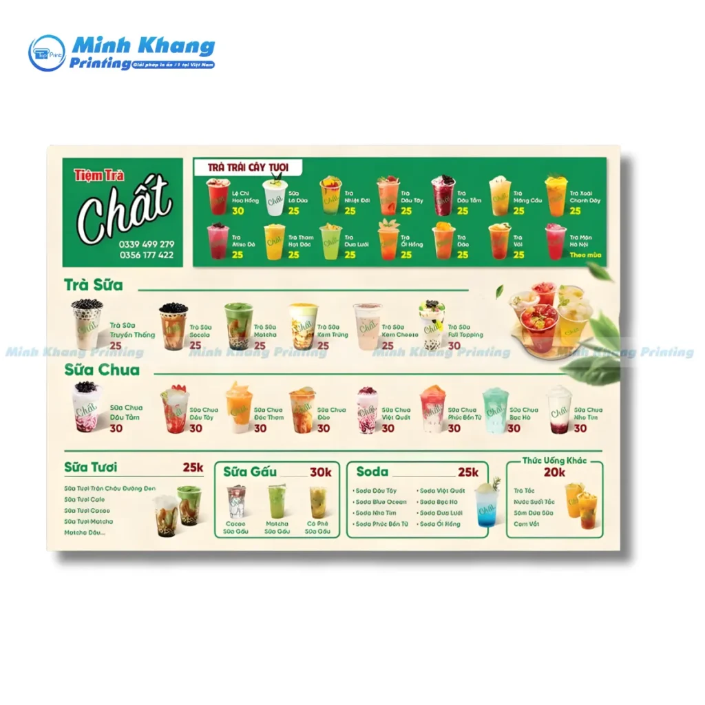 Mẫu menu các món trong menu quán trà đá, trà sữa, trà trái cây