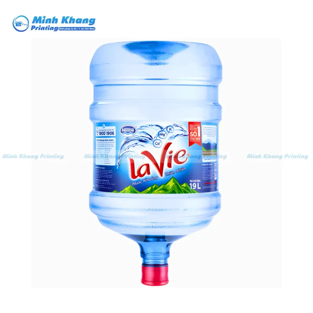 Mẫu tem dán bình nước Lavie 20 lít decal nhựa trong