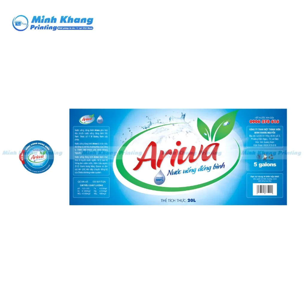Mẫu tem dán bình nước 20l Ariwa kích thước 270 x 90 mm chất liệu decal