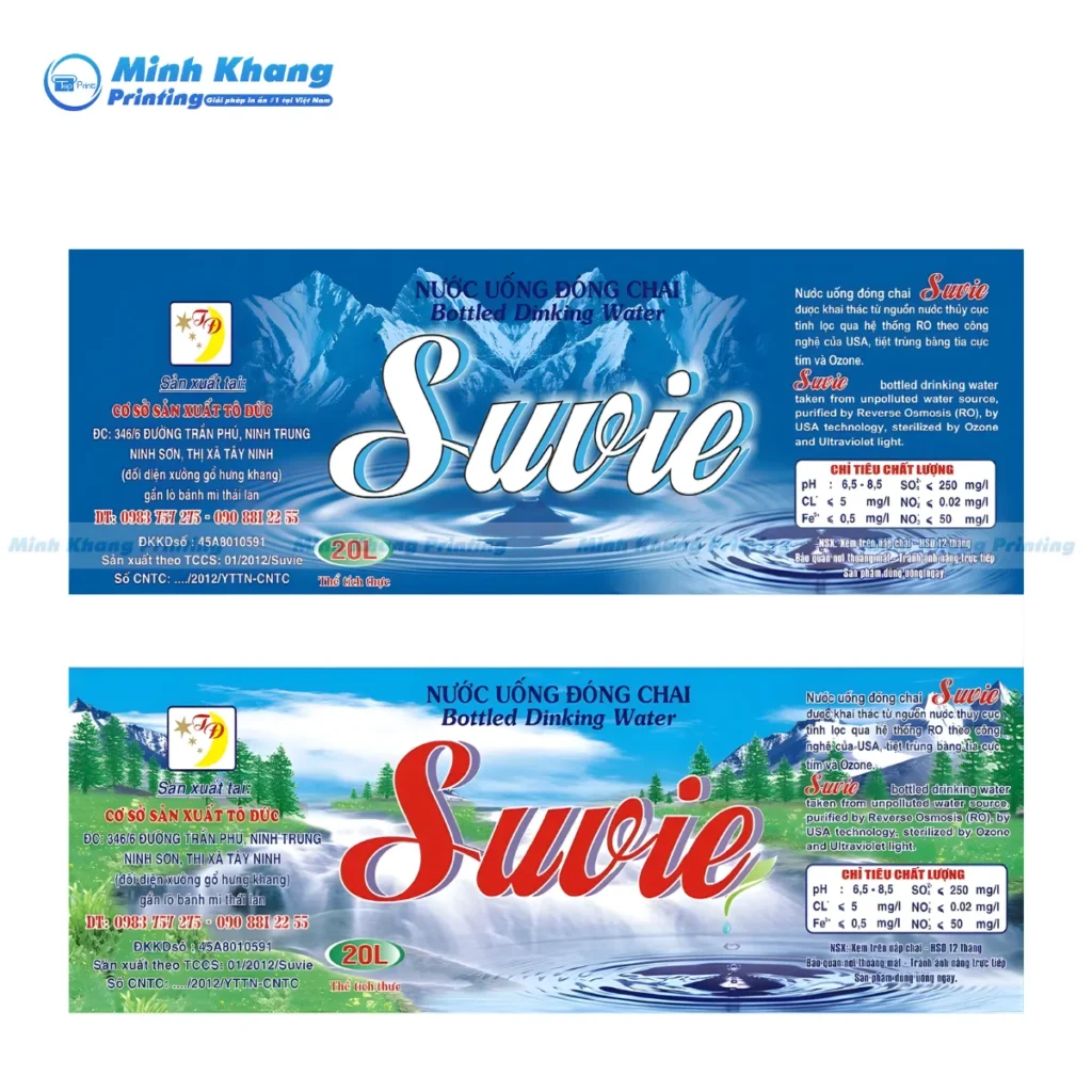 Mẫu thiết kế tem dán bình nước Suvie nước uống đóng chai