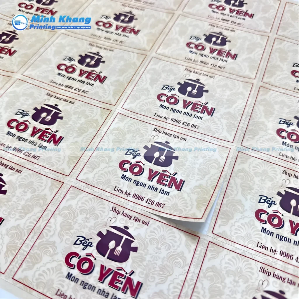 Mẫu tem nhãn hình vuông in chất liệu decal giấy bếp cô Yến