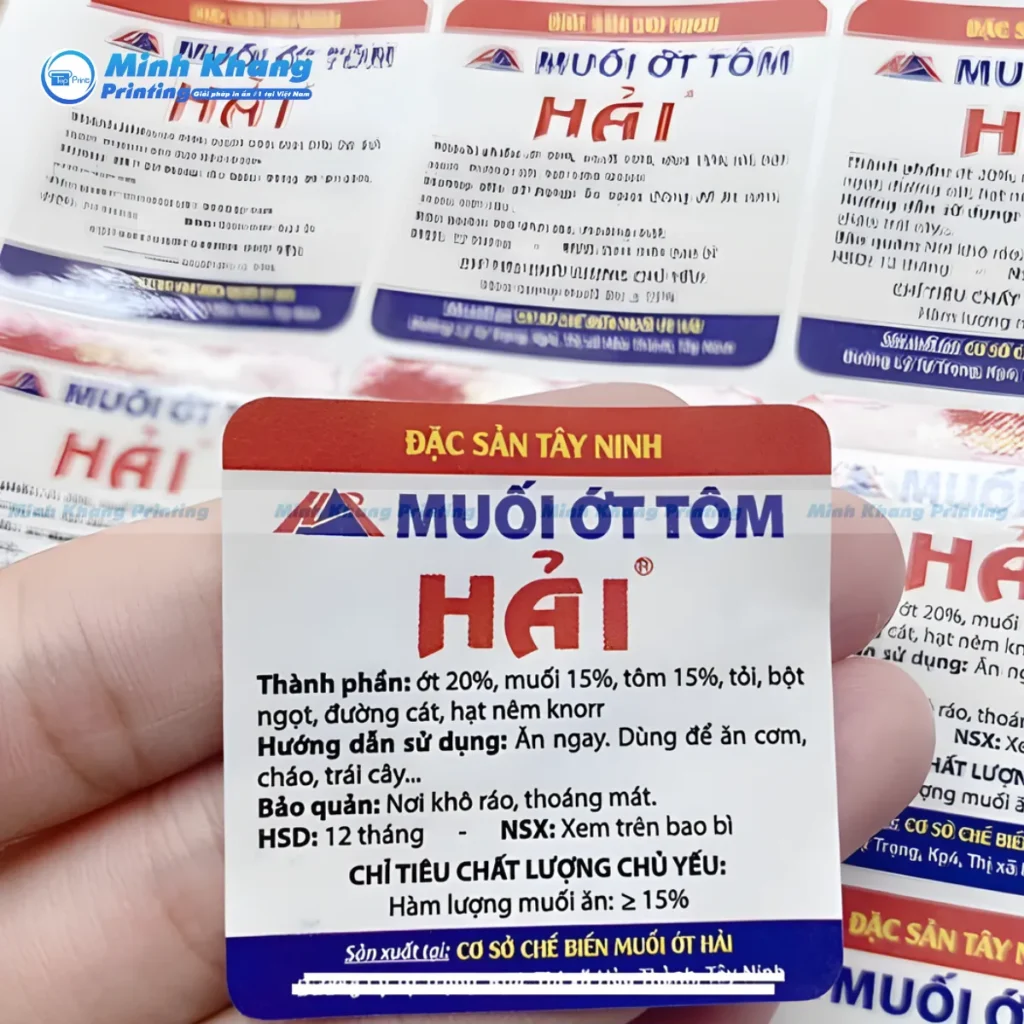 Mẫu tem nhãn hình vuông dán hộp đựng muối ớt tôm cán màng chống thấm nước