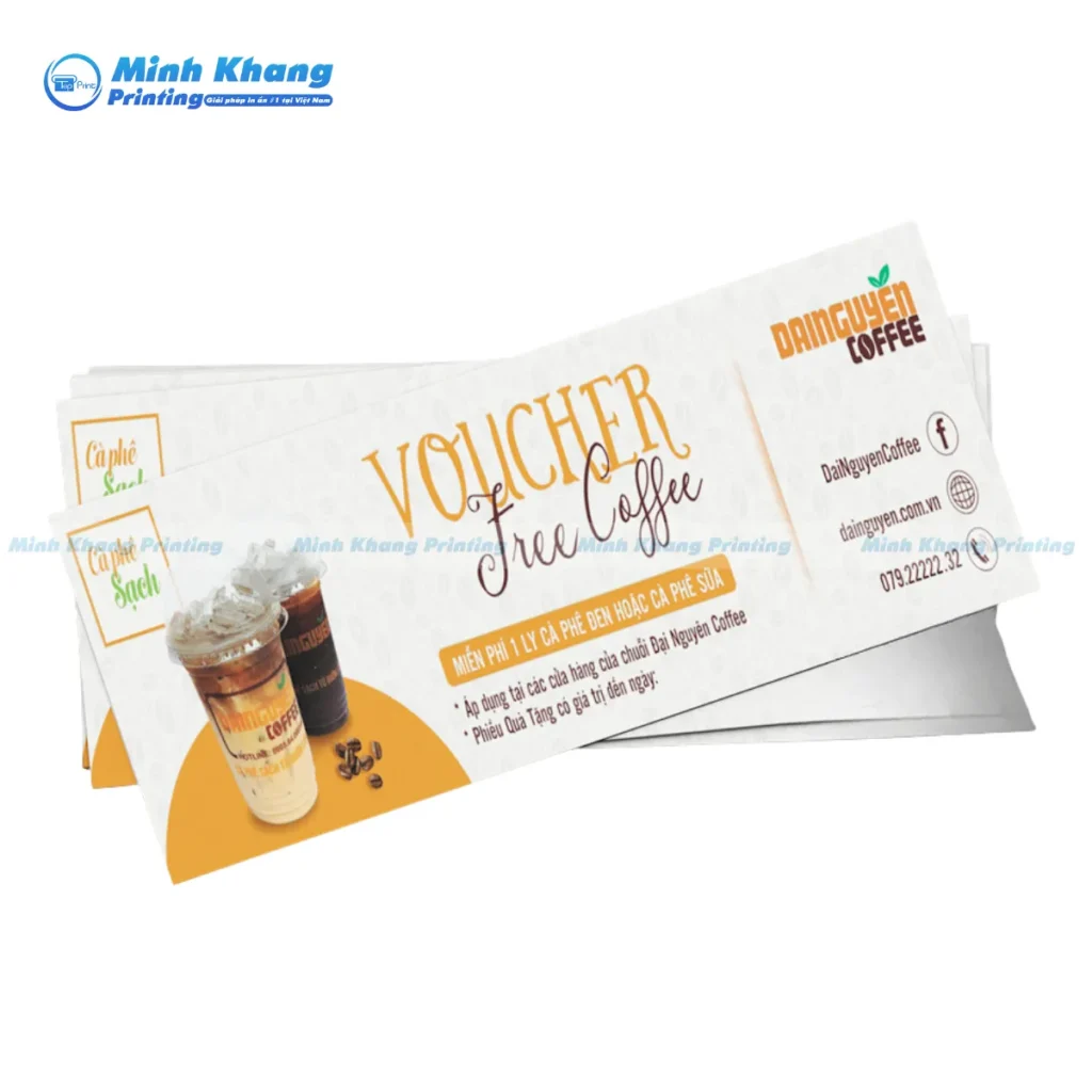 Mẫu voucher cà phê 1 tặng 1 đẹp đơn giản, hiện đại in kỹ thuật số số lượng ít