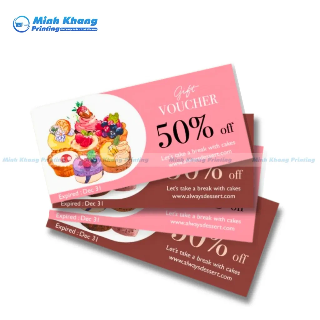 Mẫu gift voucher tiệm bánh ngọt giảm 50% cho các loại bánh âu