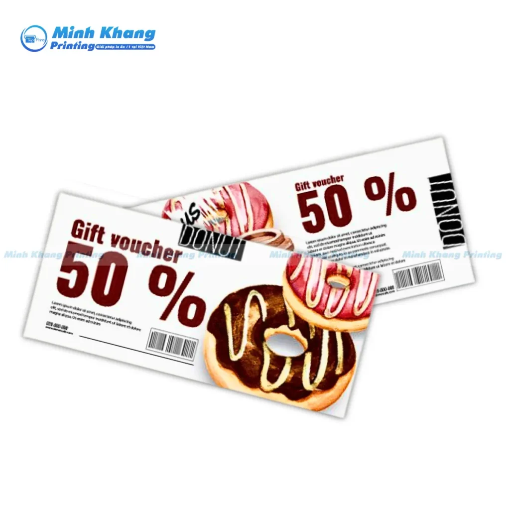 Mẫu voucher tiệm bánh donut giảm 50% có in kèm mã vạch
