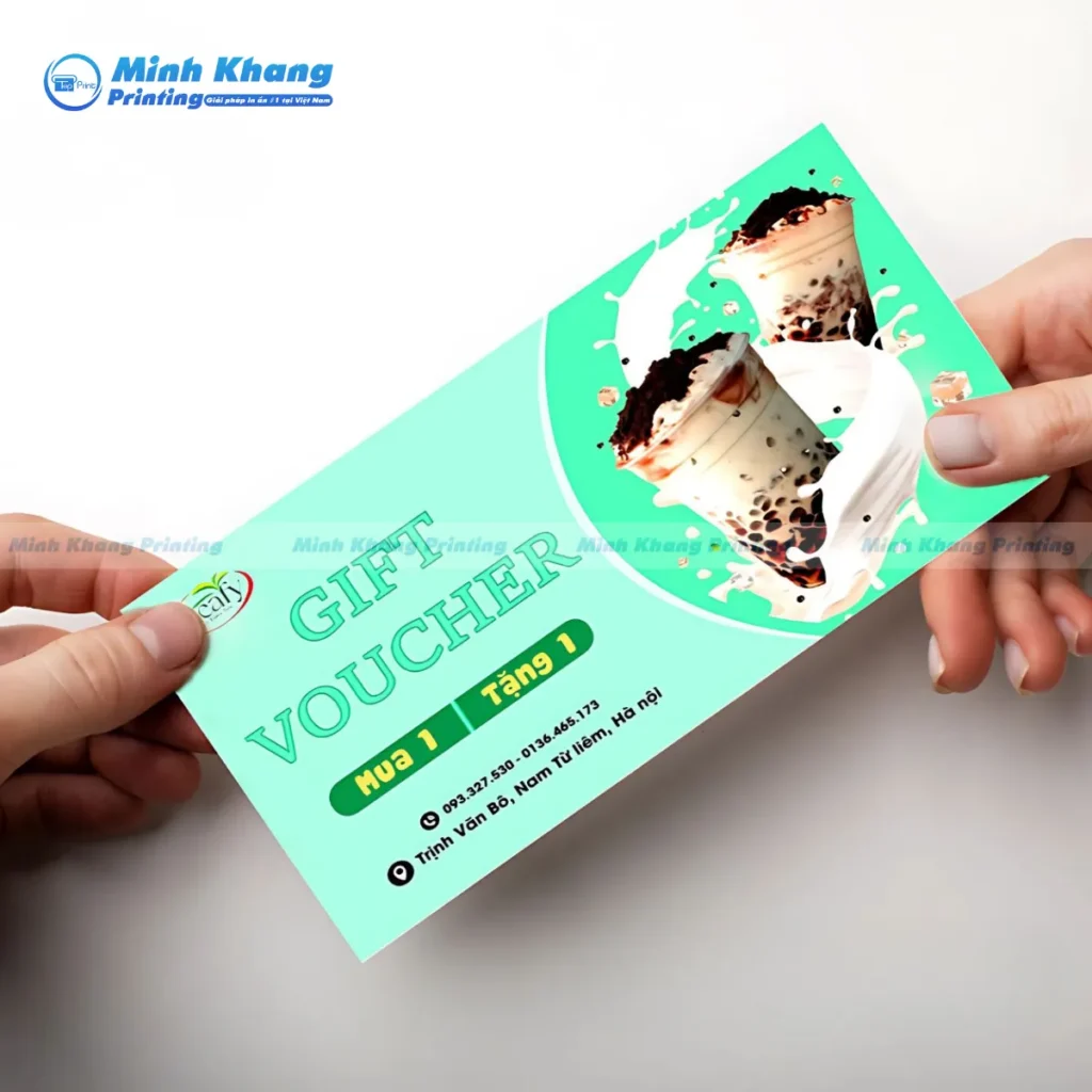 Mẫu gift voucher trà sữa mua 1 tặng 1 chất liệu giấy couche 200gsm đẹp