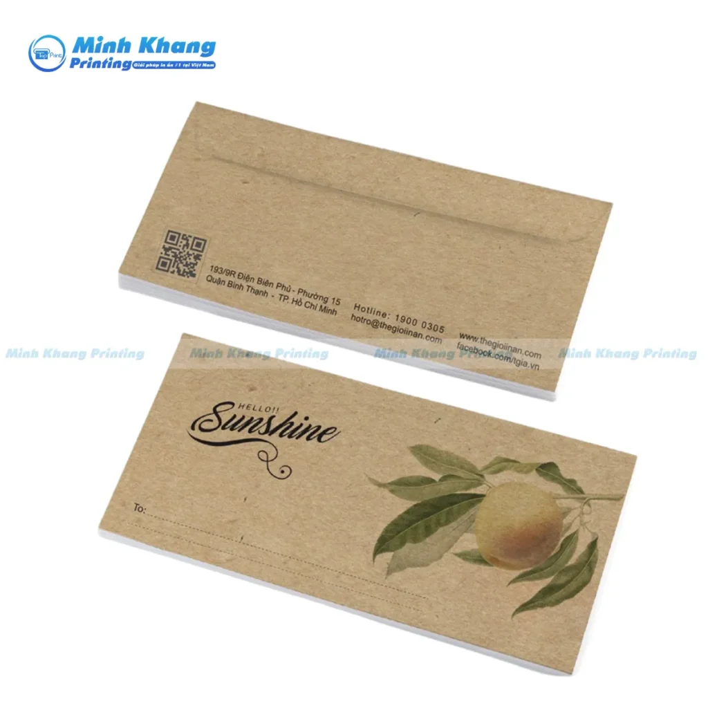 Mẫu phong bì Kraft màu nâu nhạt mang đến vẻ đẹp mộc mạc, phù hợp với các thương hiệu mỹ phẩm thiên nhiên