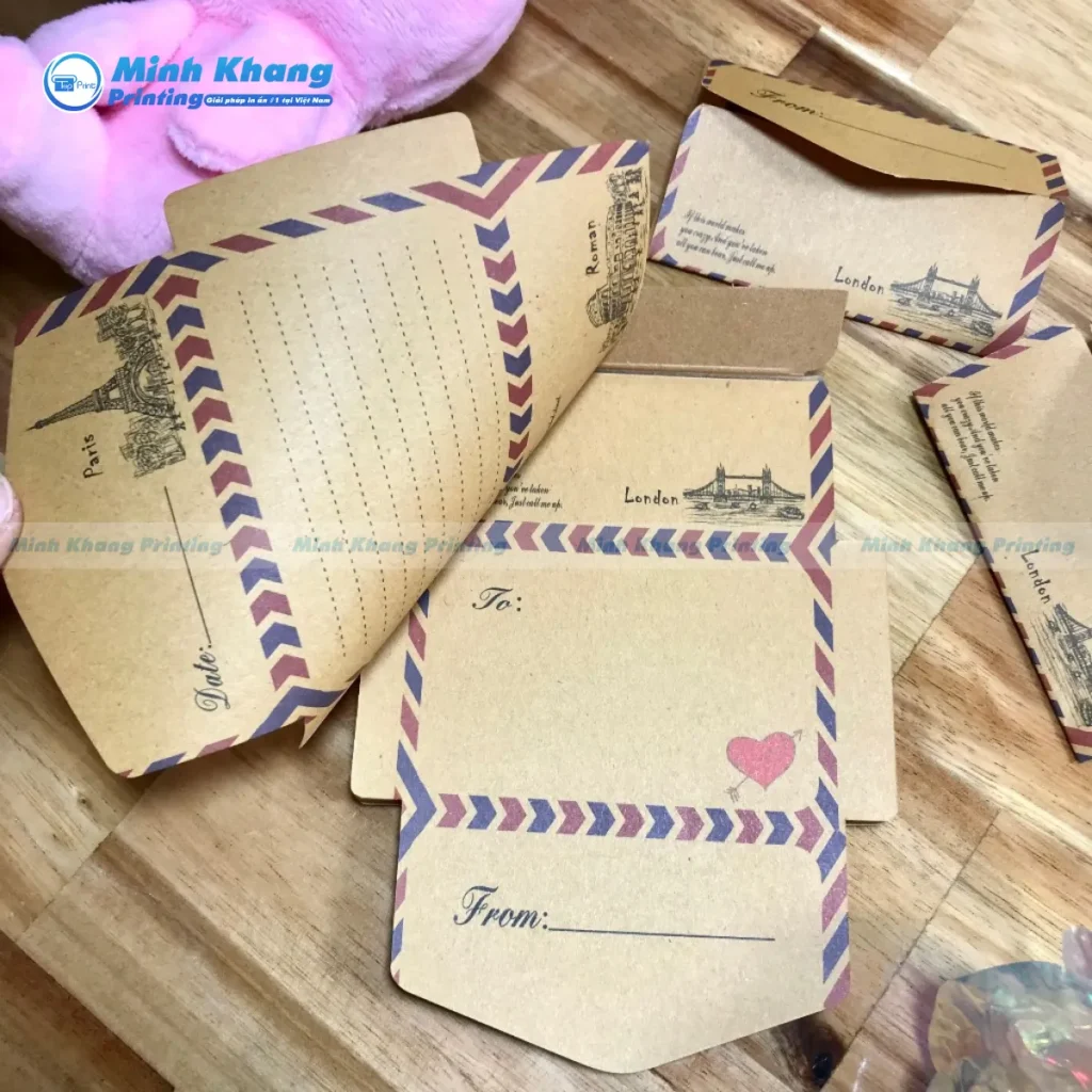 Mẫu bao thư vintage kết hợp với tem thư cổ và nét chữ Calligraphy bay bổng