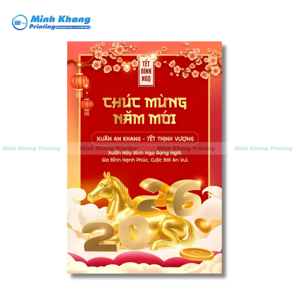 Mẫu poster tết 2026 được cán màng bóng/mờ sau in, tăng độ bền và chống ẩm hiệu quả.