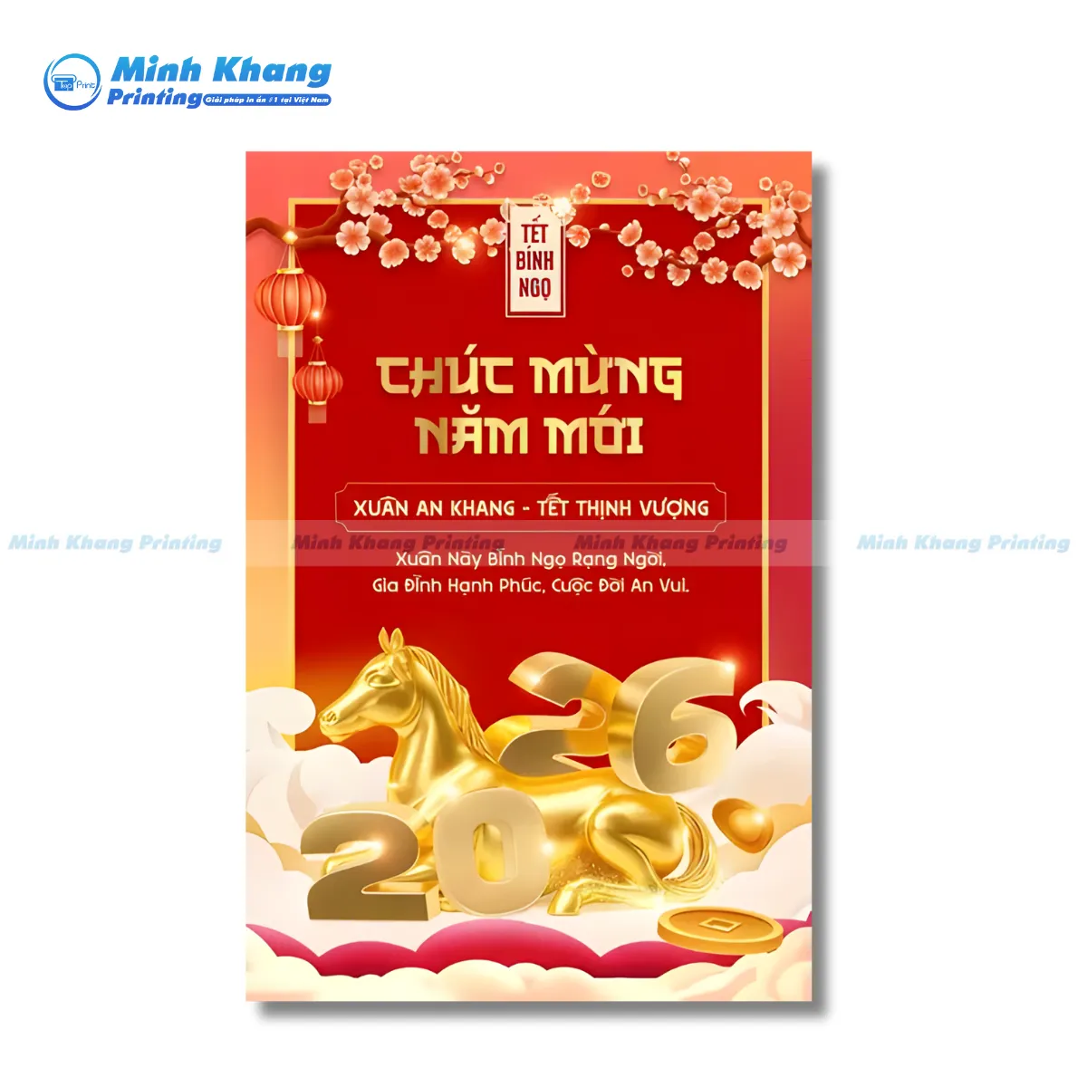 Mẫu poster tết 2026 được cán màng bóng/mờ sau in, tăng độ bền và chống ẩm hiệu quả.