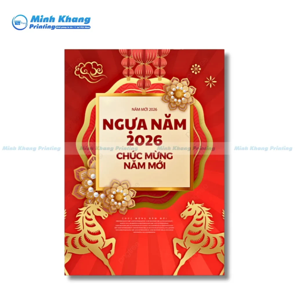 Mẫu thiết kế poster Tết sử dụng tông màu Đỏ – Vàng cùng các màu trend 2026, đảm bảo sự tươi mới