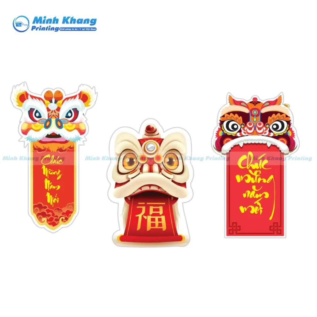 Mẫu tem dán giỏ quà tết hình chú lân kèm lời chúc năm mới