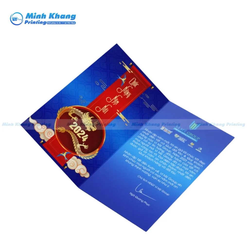 Mẫu thiệp gập đôi chúc năm mới doanh nghiệp Bi Mỹ Group in giấy couche đẹp bền