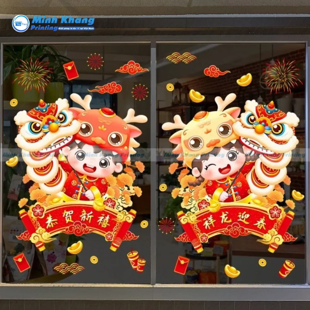 Mẫu decal dán kính tết hình thần tài, cá chép, lồng đèn thu hút tiền bạc và tài lộc vào cửa hàng