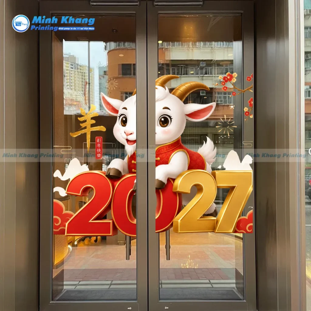 Mẫu decal tết dán kính tĩnh điện trang trí tết 2027 hình chú dê dễ thương