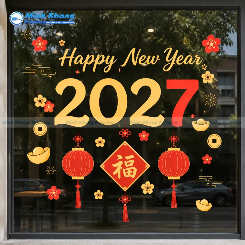 Mẫu decal tết dán kính trang trí của happy new year 2027