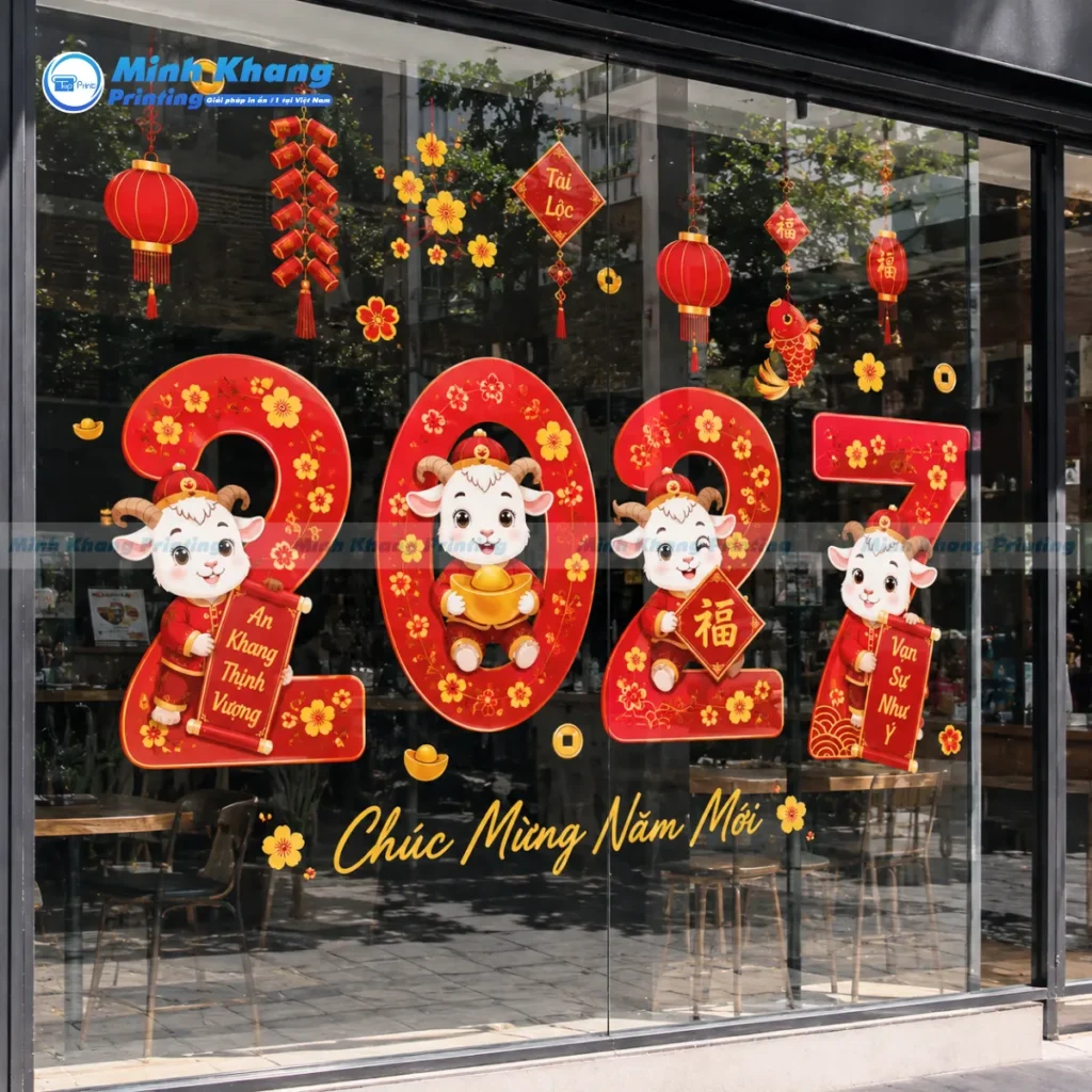 Mẫu decal trang trí cửa kính tết linh vật năm con dê ngộ nghĩnh, phù hợp với không gian trẻ trung