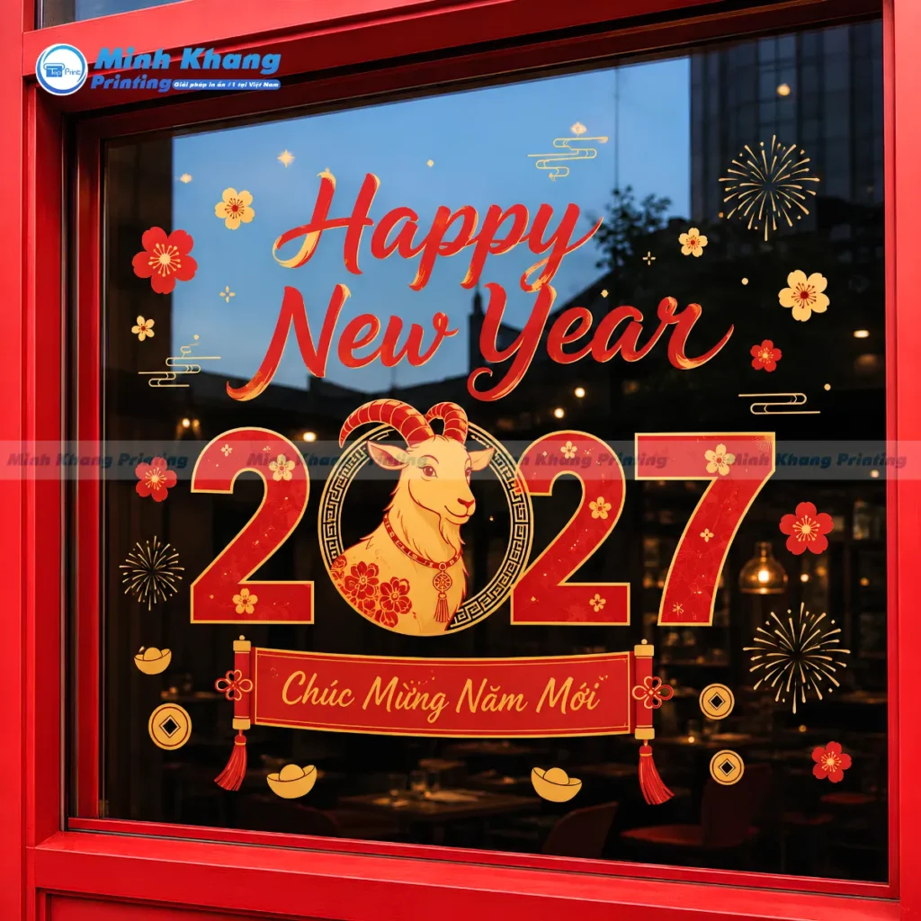 Mẫu decal tết đẹp hình con dê, pháo hoa rực rỡ, mang đến không khí Tết 2027 tưng bừng