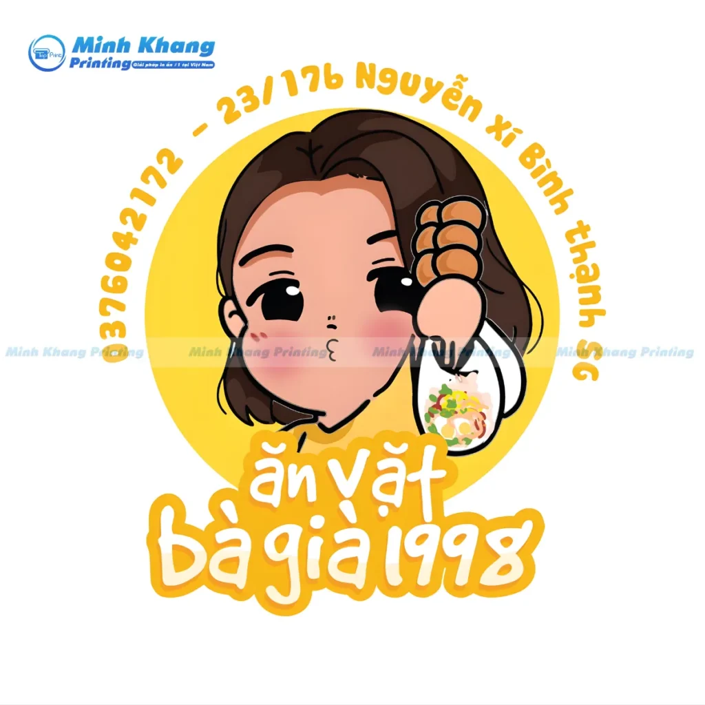 Mẫu logo ăn vặt bà già 1998 cá viên chiên, bánh tráng trộn in decal giấy dán bao bì